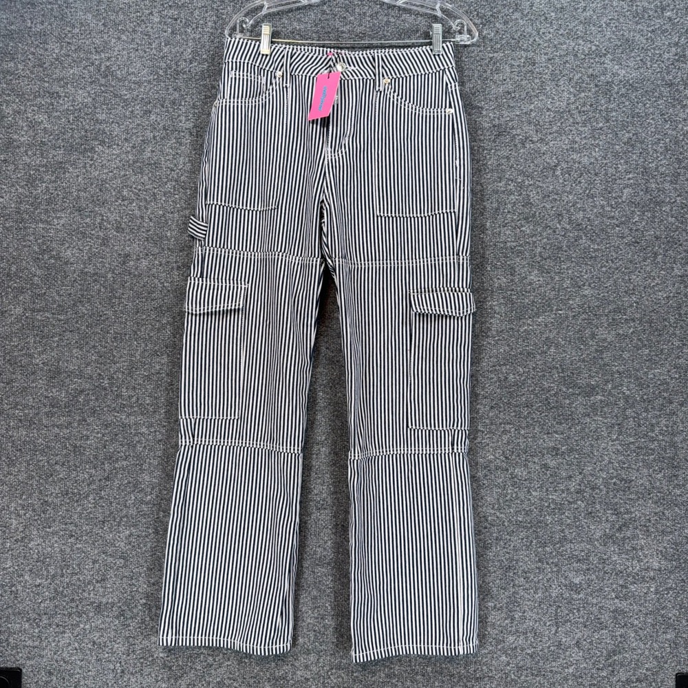 Edikted Carpenter Pants Women Medium Black White Hickory Stripe Utility NEW